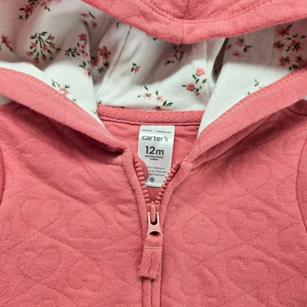 NEW! Carters Baby 12m Heart‎ Cotton Long Sleeve Jumpsuit Pink Hooded